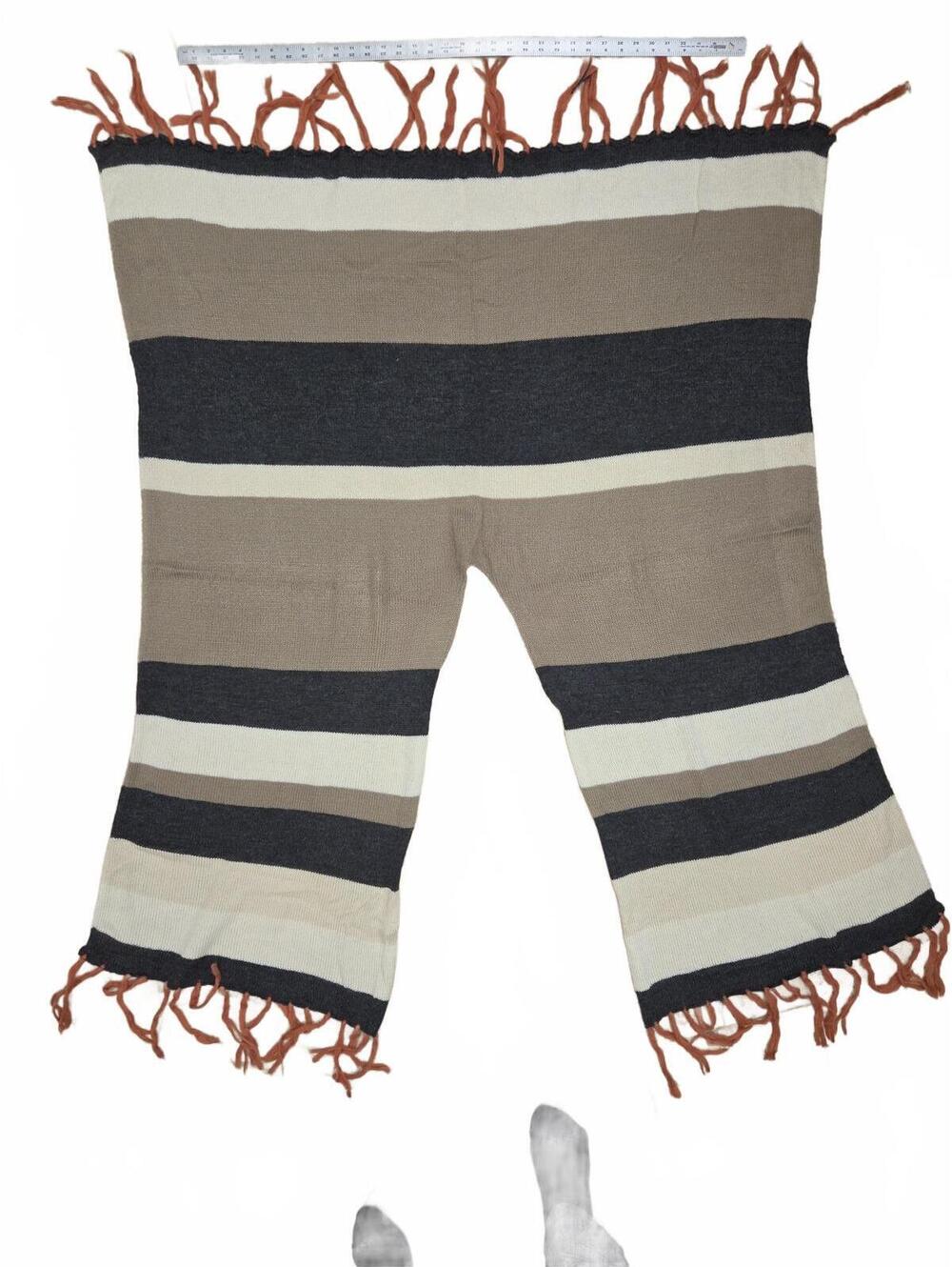 Striped Fringe Ruana Poncho Wrap Shawl Neutral Tones One Size